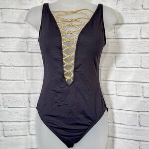 Bleu Rod Beattie Size 6 Twister High Neck Ladder One Piece Swimsuit Black Gold